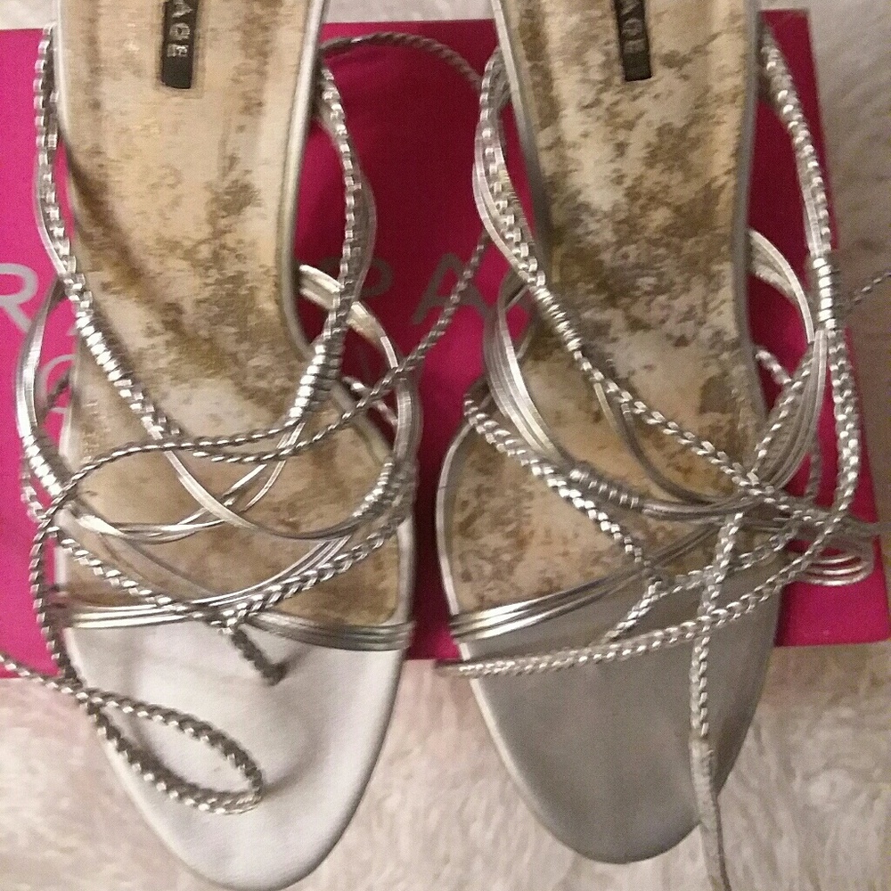 Silver Leather Wrap Ankle Sandals - image 3